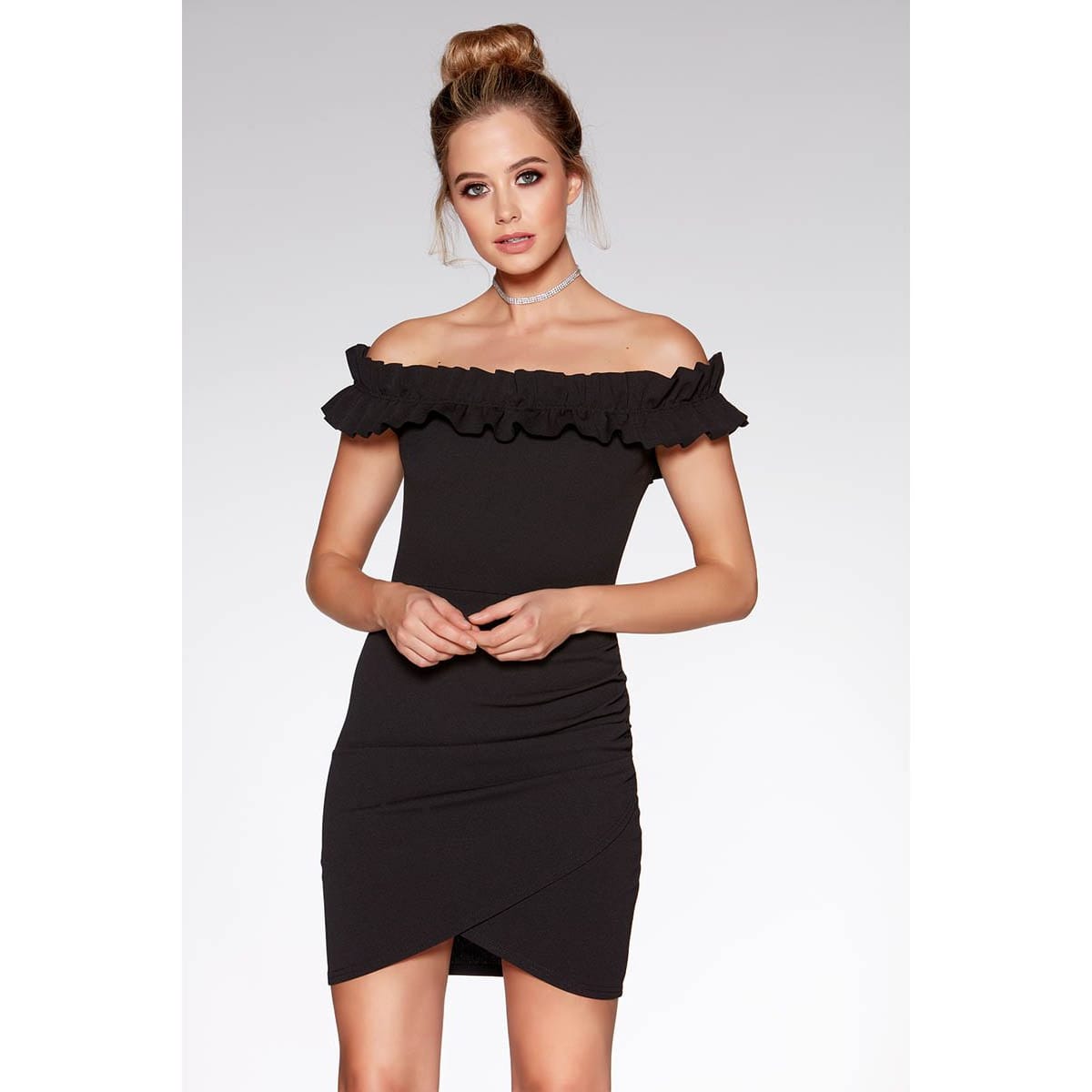 Black bardot frill detail bodycon dress coat out with vans