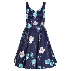 Navy And Aqua Satin Flower Print Dress