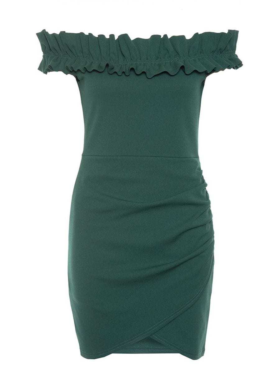 Green Frill Detail Bardot Dress